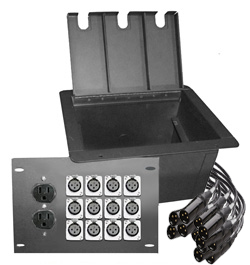 recessed floor box with 12 xlr female and 2 AC  power outlet duplexes wired with 2' solderless XLR male connectors.