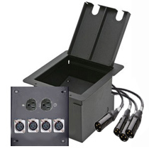 Recessed floor box with 4 XLR female and 2 AC power wired 2' with XLR male pig tails.