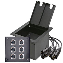 Recessed audio floor pocket with  6 XLR female wired 2' with XLR male quick connect pig tails.