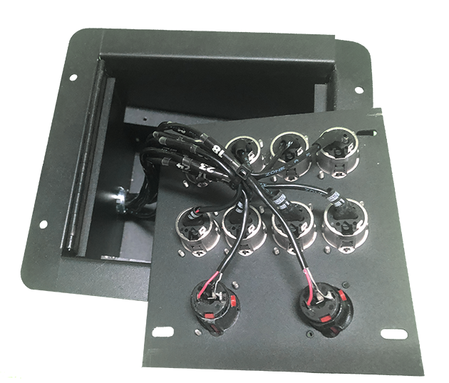 Back side plate wiring for recessed audio floor boxes.